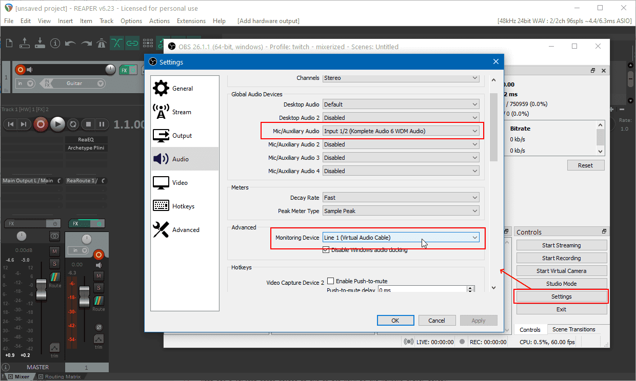 OBS audio from microphone, monitoring into VAC